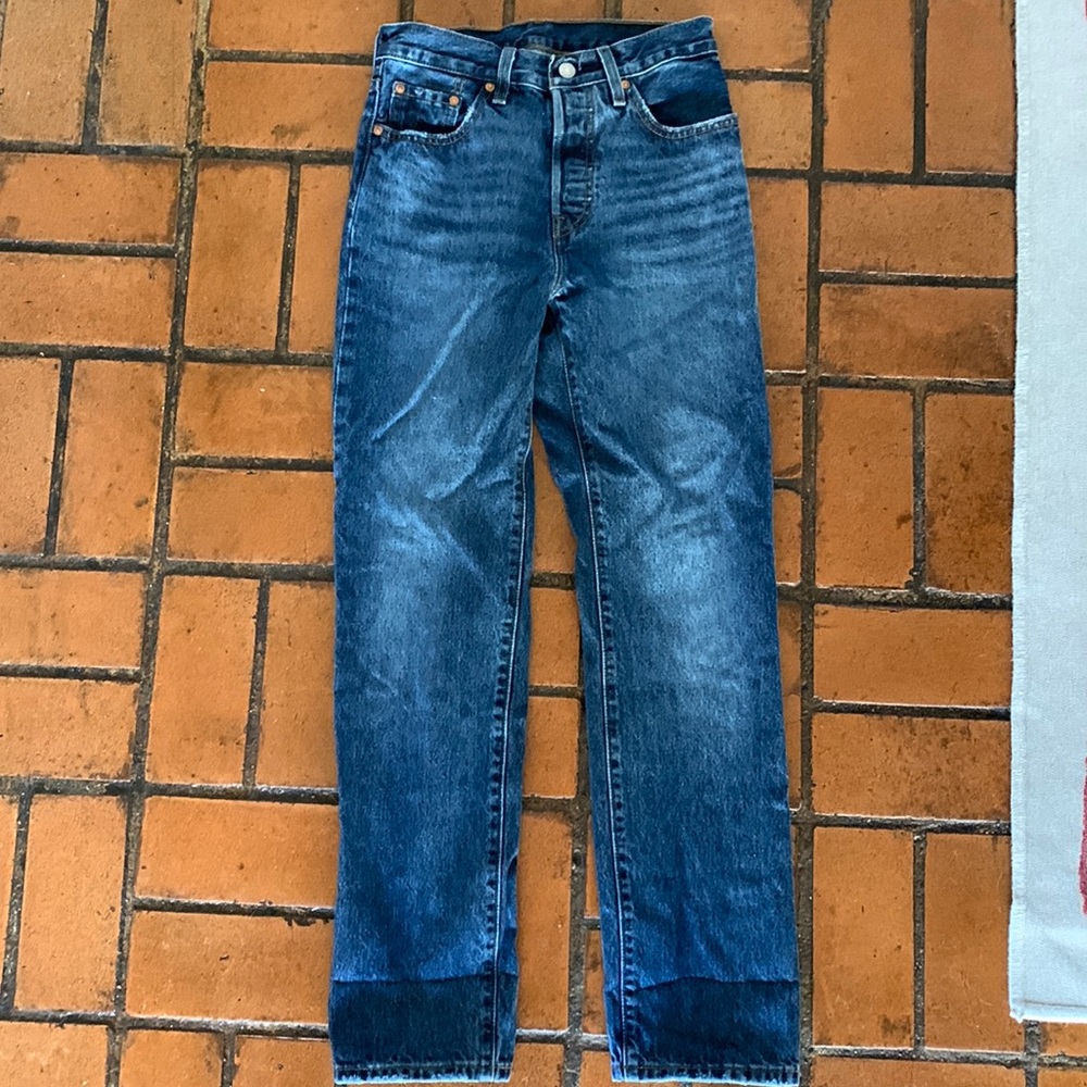 Levi’s dark wash 501 button fly jeans, size 25” waist, 30” length